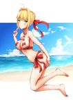  1girl ahoge bangs barefoot beach bikini blonde_hair blue_sky blunt_bangs blush bow breasts cleavage clouds day eyebrows_visible_through_hair fate/grand_order fate_(series) green_eyes groin hair_bow highres index_finger_raised large_breasts maki_(pixiv9288678) nero_claudius_(fate)_(all) nero_claudius_(swimsuit_caster)_(fate) ocean outdoors red_bikini red_bow short_hair sideboob sidelocks sky smile solo striped striped_bikini swimsuit 