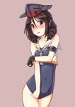  1girl black_swimsuit brown_hair cosplay cowboy_shot crop_top drill_hair embarrassed framed_breasts gloves grey_background harukaze_(kantai_collection) hat headphones i-14_(kantai_collection) i-14_(kantai_collection)_(cosplay) kantai_collection looking_at_viewer one-piece_swimsuit partly_fingerless_gloves red_eyes school_swimsuit short_hair simple_background single_glove solo standing swimsuit swimsuit_under_clothes trg_(trg_mamire) tsurime twin_drills 