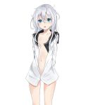  1girl black_sailor_collar blue_eyes feet_out_of_frame flat_chest hibiki_(kantai_collection) kantai_collection long_hair looking_at_viewer messy_hair milly_(milly_7) navel no_bra open_clothes open_mouth open_shirt sailor_collar silver_hair simple_background solo standing verniy_(kantai_collection) white_background 