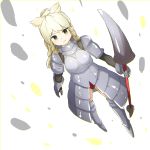  1girl animal_ears armor blonde_hair eyebrows_visible_through_hair full_body highres holding holding_lance holding_weapon kemono_friends lance long_hair looking_at_viewer polearm rhinoceros_ears smile solo tamiku_(shisyamo609) weapon white_background white_rhinoceros_(kemono_friends) 