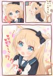  1girl 3koma animal_ears blonde_hair blue_eyes blue_sailor_collar cat_ears cat_tail comic dress gloves hat highres jervis_(kantai_collection) kantai_collection long_hair looking_at_viewer open_mouth ridy_(ri_sui) sailor_collar sailor_dress sailor_hat short_sleeves smile tail translation_request white_dress white_gloves white_hat 