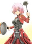 1girl angry archer archer_(cosplay) artist_name bodysuit breasts commentary_request cosplay dual_wielding fate/grand_order fate/stay_night fate_(series) frown fry_pan hair_over_one_eye highres holding_ladle holding_pan hutomomo_syobou ladle long_sleeves mash_kyrielight medium_breasts navel parted_lips pink_hair shielder_(fate/grand_order) short_hair sparkle spoon violet_eyes 