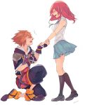  1boy 1girl :d bare_arms bare_shoulders black_footwear black_gloves black_legwear blue_neckwear blue_skirt breasts brown_hair chain_necklace closed_eyes fingerless_gloves full_body gloves hand_holding highres jewelry kairi_(kingdom_hearts) kingdom_hearts kingdom_hearts_ii kneehighs medium_breasts medium_hair miniskirt motu0505 necklace necktie one_knee open_clothes open_mouth pleated_skirt redhead school_uniform shirt shoes short_hair shoulder_pads sideways_mouth simple_background skirt sleeveless sleeveless_shirt smile sora_(kingdom_hearts) sparkle standing teeth twitter_username unzipped white_background white_shirt 
