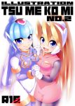  2girls android asymmetrical_docking bangs blonde_hair blue_eyes blush bodystocking bodysuit breast_press breasts capcom ciel_(rockman) closed_mouth cover cover_page doujin_cover eyebrows_visible_through_hair female gloves hair_between_eyes hand_holding headgear helmet high_ponytail hips interlocked_fingers leviathan_(rockman) long_hair looking_at_viewer looking_up miniskirt multiple_girls open_mouth pink_skirt ponytail rockman rockman_zero semikichi skirt smile text_focus title white_background white_gloves 