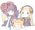  2girls :t =_= abigail_williams_(fate/grand_order) bangs black_bow black_dress black_hat blonde_hair blue_eyes bow butter closed_eyes closed_mouth commentary dress eating eyebrows_visible_through_hair fate/grand_order fate_(series) food food_on_face forehead fork hair_bow hair_ornament hat holding holding_fork holding_knife katsushika_hokusai_(fate/grand_order) knife long_hair long_sleeves multiple_girls nanateru orange_bow pancake parted_bangs plate purple_hair sleeves_past_fingers sleeves_past_wrists stack_of_pancakes syrup white_background 