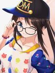  1girl adjusting_eyewear bangs baseball_cap black_hair blue_eyes breasts collarbone commentary_request eyebrows_visible_through_hair glasses hat idolmaster idolmaster_shiny_colors long_hair looking_at_viewer medium_breasts mitsumine_yuika one_eye_closed shirt smile solo twintails upper_body yuki_usagi_(mofurafu) 