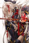 ahoge arm_guards black_bow black_dress black_legwear bow breasts cleavage cleavage_cutout dress fate/grand_order fate_(series) hair_bow highres holding holding_sword holding_weapon japanese_clothes katana large_breasts long_hair looking_to_the_side okita_souji_(fate) red_bow scabbard sheath shin_guards shino_(eefy) sword thigh-highs thigh_strap weapon white_hair zettai_ryouiki 