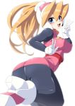  1girl ass bangs black_legwear blonde_hair blue_eyes blush bodystocking breasts capcom ciel_(rockman) double_v erect_nipples eyebrows_visible_through_hair female from_behind gloves hair_between_eyes hand_gesture happy headgear high_heels high_ponytail kneeling leaning_forward long_hair looking_at_viewer looking_back miniskirt open_mouth pantyhose ponytail rockman rockman_zero semikichi simple_background skin_tight skirt smile solo v white_background white_gloves 