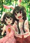  2girls :3 :d animal_ears arms_at_sides bamboo bamboo_forest bangs bench black_hair blouse blurry bow carrot_necklace cat_ears commentary_request dappled_sunlight day depth_of_field dress eyebrows_visible_through_hair facing_viewer fake_animal_ears fang forest highres hime_cut houraisan_kaguya inaba_tewi japanese_clothes long_hair looking_up multiple_girls nature open_mouth outdoors paw_pose pink_blouse pink_dress puffy_short_sleeves puffy_sleeves rabbit_ears red_eyes red_skirt short_hair short_sleeves side-by-side sidelocks sitting skirt smile sunlight touhou tsukimirin upper_body white_bow 