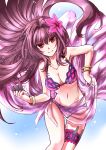  1girl bikini bracelet breasts cleavage collarbone fate/grand_order fate_(series) flower graphite_(medium) hair_flower hair_intakes hair_ornament hibiscus highres jewelry kaikai kunai large_breasts leg_garter long_hair looking_at_viewer navel pink_bikini purple_bikini purple_hair purple_sarong red_eyes sarong scathach_(fate/grand_order) scathach_(swimsuit_assassin)_(fate) smile solo swimsuit traditional_media weapon 