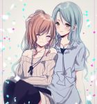  2girls :3 ^_^ aqua_hair bang_dream! bangs black_legwear blue_shirt blush brown_hair bunny_earrings closed_eyes collarbone confetti dress green_eyes grey_background grey_sweater half_updo hand_on_another&#039;s_head hikawa_sayo imai_lisa jewelry long_hair long_sleeves mizukikushou multiple_girls off-shoulder_sweater parted_lips pendant ribbed_sweater shirt short_sleeves sitting sketch smile sweater sweater_dress thigh-highs 