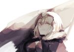  1girl ahoge bangs banner breasts eyebrows_visible_through_hair fate/grand_order fate_(series) fur_collar headpiece jeanne_d&#039;arc_(alter)_(fate) jeanne_d&#039;arc_(fate)_(all) medium_breasts motu0505 short_hair simple_background smile solo upper_body white_background white_hair yellow_eyes 