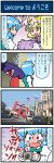  2girls 4koma artist_self-insert blonde_hair blue_eyes blue_hair blue_sky bus camera car closed_eyes comic commentary_request fox_tail ground_vehicle hand_up hands_in_sleeves hat heterochromia highres holding holding_camera holding_umbrella juliet_sleeves karakasa_obake lamppost long_hair long_sleeves mizuki_hitoshi motor_vehicle motorcycle multiple_girls multiple_tails one-eyed open_mouth photo puffy_sleeves red_eyes riding road sculpture short_hair sign sky smile street surprised sweatdrop tail taking_picture tatara_kogasa tongue tongue_out touhou translation_request umbrella vest wide_sleeves yakumo_ran yellow_eyes 