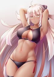  1girl ahoge armpits arms_up bare_shoulders bikini black_bikini black_bow bow breasts cleavage cleavage_cutout dark_skin fate/grand_order fate_(series) gradient gradient_background hair_between_eyes hair_bow hair_ornament highres long_hair looking_at_viewer medium_breasts navel okita_souji_(fate) okita_souji_alter_(fate) portrait solo swimsuit white_hair yellow_eyes zuizhong 