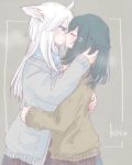  2girls animal_ears black_hair blue_eyes cardigan cat_ears closed_eyes dog_ears hug imminent_kiss long_hair long_sleeves multiple_girls nekoya_saki open_cardigan open_clothes original pleated_skirt skirt sweater white_hair yuri 