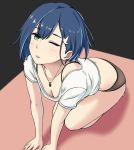  1girl ;d all_fours black_panties blue_hair blush breasts cleavage darling_in_the_franxx dylannn feet green_eyes hair_ornament hairclip half-closed_eyes ichigo_(darling_in_the_franxx) kneeling looking_at_viewer one_eye_closed open_mouth panties shirt short_hair smile underwear white_shirt 