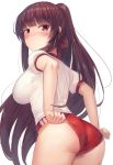  1girl adjusting_buruma adjusting_clothes alternate_costume alternate_hairstyle ass bangs black_hair blush breasts buruma closed_mouth eyebrows_visible_through_hair from_behind frown girls_frontline gym_uniform hair_ribbon highres large_breasts long_hair looking_at_viewer looking_back motokonut panties ponytail red_buruma red_eyes ribbon shirt simple_background solo thighs underwear very_long_hair wa2000_(girls_frontline) white_background white_panties white_shirt 