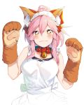  1girl animal_ears apron bell bell_collar blush collar fate/grand_order fate_(series) fox_ears gloves highres looking_at_viewer menea orange_eyes paw_gloves paws pink_hair smile solo tamamo_(fate)_(all) tamamo_cat_(fate) upper_body white_background white_pupils 