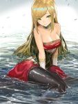  1girl arm_support bangs bare_shoulders black_legwear blonde_hair blush breasts character_request collarbone danann dress earrings eyebrows_visible_through_hair green_eyes highres jewelry lips long_hair looking_at_viewer medium_breasts off_shoulder partially_submerged red_dress sdorica_-sunset- short_dress sitting swept_bangs water wet wet_clothes 