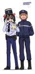  2girls anyan_(jooho) drink gendarmerie_nationale gloves hat highres hoshizora_rin jacket kepi love_live! love_live!_school_idol_project multiple_girls necktie police short_necktie smoothie sunglasses white_gloves yawning yazawa_nico 