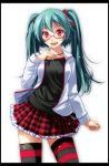  1girl :d aqua_hair bespectacled black_legwear black_shirt blush clenched_hand cowboy_shot glasses grey_nails hatsune_miku highres horizontal-striped_legwear horizontal_stripes jacket jewelry letterboxed long_hair long_sleeves looking_at_viewer nail_polish necklace open_clothes open_jacket open_mouth plaid plaid_skirt pleated_skirt project_diva_(series) red-framed_eyewear red_eyes red_legwear red_skirt shirt shirt_under_jacket simple_background skirt smile solo striped striped_legwear thigh-highs tsukishiro_saika twintails vocaloid white_background white_jacket 