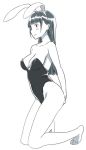  1girl animal_ears bare_legs bare_shoulders barefoot black_eyes black_leotard blush_stickers breasts bunnysuit commentary_request copyright_request covered_navel fake_animal_ears from_side grey_hair greyscale hairband hands_on_ass kneeling large_breasts leotard monochrome pink_x rabbit_ears simple_background solo spot_color white_background 