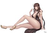  1girl ahoge alcohol armlet artist_name bangs bare_shoulders black_dress black_ribbon blunt_bangs breasts brown_hair center_opening champagne champagne_flute cup dress drinking_glass dsr-50_(girls_frontline) earrings erect_nipples eyebrows_visible_through_hair gem girls_frontline gold_footwear high_heels highres invisible_chair jewelry karmiel large_breasts legs lips long_hair long_legs looking_at_viewer no_bra parted_lips red_eyes red_lips ribbon shoes sideboob sitting solo strap_gap thick_thighs thighs underbust very_long_hair yellow_footwear 