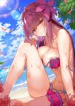  1girl beach bikini blue_sky breasts commentary_request dutch_angle fate/grand_order fate_(series) flower hair_intakes hibiscus highres large_breasts leg_garter long_hair looking_at_viewer navel nigouu ocean parted_lips petals pink_bikini purple_bikini purple_hair purple_sarong red_eyes scathach_(fate/grand_order) scathach_(swimsuit_assassin)_(fate) sky smile solo sun swimsuit wet 