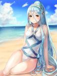  1girl adapted_costume aqua_(fire_emblem_if) arm_support beach blue_hair blue_sky breasts clouds collarbone expressionless fire_emblem fire_emblem_if hairband haru_(nakajou-28) highleg highleg_swimsuit light_blush long_hair looking_at_viewer medium_breasts ocean one-piece_swimsuit ponytail sitting sky solo swimsuit very_long_hair yellow_eyes 