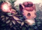  bush commentary_request gen_1_pokemon leaf looking_at_viewer manino_(mofuritaionaka) no_humans pokemon pokemon_(creature) red_eyes scenery signature solo vulpix 