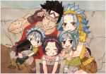  2boys 3girls :d black_hairband blue_hair blush boots brown_eyes brown_footwear brown_gloves brown_pants brown_shorts closed_eyes collarbone ear_piercing fairy_tail fingerless_gloves gajeel_redfox gloves green_hairband grey_pants grey_shirt grin hair_ribbon hairband hand_on_another&#039;s_hip headband levy_mcgarden long_hair looking_at_viewer multiple_boys multiple_girls open_mouth pantherlily pants piercing red_shirt ribbon rusky shirt short_shorts short_sleeves shorts sitting sleeveless sleeveless_shirt smile white_shirt yellow_ribbon yellow_shirt 