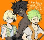  3boys achilles_(fate) berserker black_hair bob_cut child chiron_(fate) dark_skin doodle fate/apocrypha fate/grand_order fate/stay_night fate_(series) flower_(symbol) heterochromia jason_(fate/grand_order) lowres multiple_boys orange_background orange_eyes simple_background sketch upper_body younger 