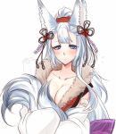  1girl animal_ears blue_hair blush breasts closed_mouth commentary eyeshadow fox_ears fox_tail granblue_fantasy hair_ornament japanese_clothes kimono konshin large_breasts long_hair looking_at_viewer makeup simple_background socie_(granblue_fantasy) solo tail upper_body violet_eyes white_background white_kimono 