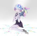  1other character_name collared_shirt diamond_(houseki_no_kuni) flower full_body houseki_no_kuni looking_down looking_to_the_side nnnnoooo007 shirt short_hair sitting solo sparkle thigh-highs wing_collar 