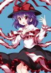  &gt;:o 1girl black_hat black_skirt blue_background bow capelet commentary_request feet_out_of_frame frilled_capelet frilled_shawl frills hands_up hat hat_bow hat_ribbon highres long_sleeves looking_at_viewer nagae_iku open_mouth purple_hair red_bow red_eyes red_ribbon ribbon ruu_(tksymkw) shawl simple_background skirt solo touhou v-shaped_eyebrows white_capelet wing_collar 