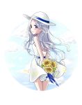  1girl arms_behind_back bare_arms bare_shoulders blue_sky blush_stickers bouquet clouds cowboy_shot day dress flower from_behind hair_blowing hat hat_ribbon highres holding holding_bouquet long_hair looking_at_viewer looking_back miinya_(mimi-1109) original outdoors petals ribbon round_image silver_hair sky smile solo strapless strapless_dress summer sun_hat sundress sunflower violet_eyes wind 