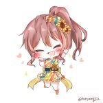  1girl arm_up back_bow bang_dream! bangs bow bracelet brown_hair chibi closed_eyes dress flower full_body hair_bow hair_flower hair_ornament hand_on_own_cheek heart highres honyang imai_lisa jewelry multicolored multicolored_clothes multicolored_dress open_mouth ponytail sash simple_background smile solo standing standing_on_one_leg striped striped_bow twitter_username white_background yellow_bow 