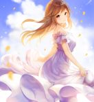  1girl bare_shoulders blue_sky blush brown_hair closed_mouth clouds cloudy_sky commentary_request dress highres light_rays long_hair looking_at_viewer looking_to_the_side original purple_dress short_sleeves sibyl sky smile solo standing 