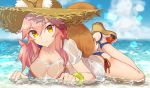  1girl agsen animal_ears bikini bikini_under_clothes blue_bikini breasts cleavage collarbone ears_through_headwear fate/grand_order fate_(series) fox_ears fox_tail hat large_breasts looking_at_viewer lying ocean on_stomach pink_hair shirt side-tie_bikini solo straw_hat swimsuit tail tamamo_(fate)_(all) tamamo_no_mae_(swimsuit_lancer)_(fate) wet wet_clothes wet_shirt wet_t-shirt yellow_eyes 