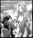  1boy 1girl apron chair chibi chop commentary_request cup facing_another fate/grand_order fate_(series) flower flying_sweatdrops gameplay_mechanics glasses greyscale grin hair_flower hair_ornament holding holding_cup holding_plate keikenchi_(style) koha-ace long_hair long_sleeves looking_at_another monochrome newspaper oda_nobunaga_(fate) okada_izou_(fate) plate ponytail rider scarf sitting smile syatey table teacup very_long_hair wide_sleeves 