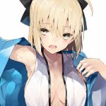  1girl blonde_hair blush bow breasts cleavage dressing eyebrows_visible_through_hair fate/grand_order fate_(series) hair_between_eyes hair_bow highres kou_mashiro medium_breasts okita_souji_(fate) open_clothes open_mouth solo upper_body white_background yellow_eyes 