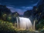  blue_sky clouds commentary_request fireflies forest grass highres nature night night_sky no_humans official_art outdoors river scenery seisen_cerberus sky sleeveless tree watermark z.dk 