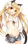  1girl :d animal_ears arm_up armpits bikini bikini_under_clothes blonde_hair breasts cat_ears cat_tail cleavage eyebrows_visible_through_hair fang flower front-tie_bikini front-tie_top hair_flower hair_ornament hand_up highres long_hair looking_at_viewer navel open_mouth open_pants original red_eyes saeki_touma short_shorts shorts side-tie_bikini simple_background small_breasts smile solo string_bikini swimsuit tail very_long_hair 