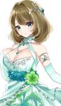  1girl armlet bangs bare_shoulders blue_eyes breasts brown_hair chains cleavage closed_mouth detached_sleeves dress flower green_dress green_eyes hair_ornament halterneck hand_on_own_chest heterochromia highres idolmaster idolmaster_cinderella_girls idolmaster_cinderella_girls_starlight_stage jewelry looking_at_viewer medium_breasts misumi_(macaroni) mole mole_under_eye necklace pendant short_hair simple_background smile solo swept_bangs takagaki_kaede white_background 