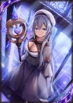  1girl akkijin blue_eyes breasts card_(medium) crystal dress hat jewelry medium_breasts moon necklace official_art shinkai_no_valkyrie silver_hair staff star sunlight weapon white_dress window 