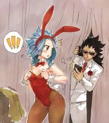  ! 1boy 1girl animal_ears black_hair bow bowtie breasts brown_legwear bunny_tail bunnysuit cellphone choker cleavage collarbone covered_navel cowboy_shot ear_piercing fairy_tail fake_animal_ears flower formal gajeel_redfox hairband holding holding_phone jacket leotard levy_mcgarden long_hair necktie nose_piercing pants pantyhose phone piercing rabbit_ears red_bow red_flower red_hairband red_leotard red_neckwear rusky shirt sleeveless small_breasts smartphone standing striped_leotard sunglasses tail white_jacket white_pants white_shirt wrist_cuffs 