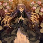  1girl alternate_costume beads brown_hair gradient_hair hijiri_byakuren japanese_clothes long_hair monk multicolored_hair open_mouth outdoors partially_submerged prayer_beads purple_hair smile solo suna_(s73d) touhou water 