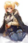  1girl blonde_hair blue_legwear blush breasts erect_nipples girls_frontline gradient gradient_background green_eyes grey_background highres jacket naso4 pantyhose pout short_twintails sitting solo sweatdrop twintails valentine wariza welrod_mk2_(girls_frontline) white_background 