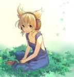  1girl alternate_costume alternate_footwear backlighting bangs blonde_hair breasts clover earmuffs eyebrows_visible_through_hair eyes_visible_through_hair four-leaf_clover grass grin hair_between_eyes looking_at_viewer makuwauri naked_overalls overalls reflective_eyes shiny shiny_hair short_hair sitting sitting_on_ground small_breasts smile solo touhou toyosatomimi_no_miko yellow_eyes 