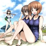  3girls barefoot beach black_hair blue_sky blue_swimsuit bokken breasts brown_eyes brown_hair clouds competition_swimsuit day food fruit full_body girls_und_panzer grey_swimsuit long_hair looking_at_viewer medium_breasts mother_and_daughter multiple_girls nakahira_guy nishizumi_maho nishizumi_miho nishizumi_shiho one-piece_swimsuit outdoors school_swimsuit short_hair siblings sisters sitting sky swimsuit sword watermelon weapon wooden_sword 